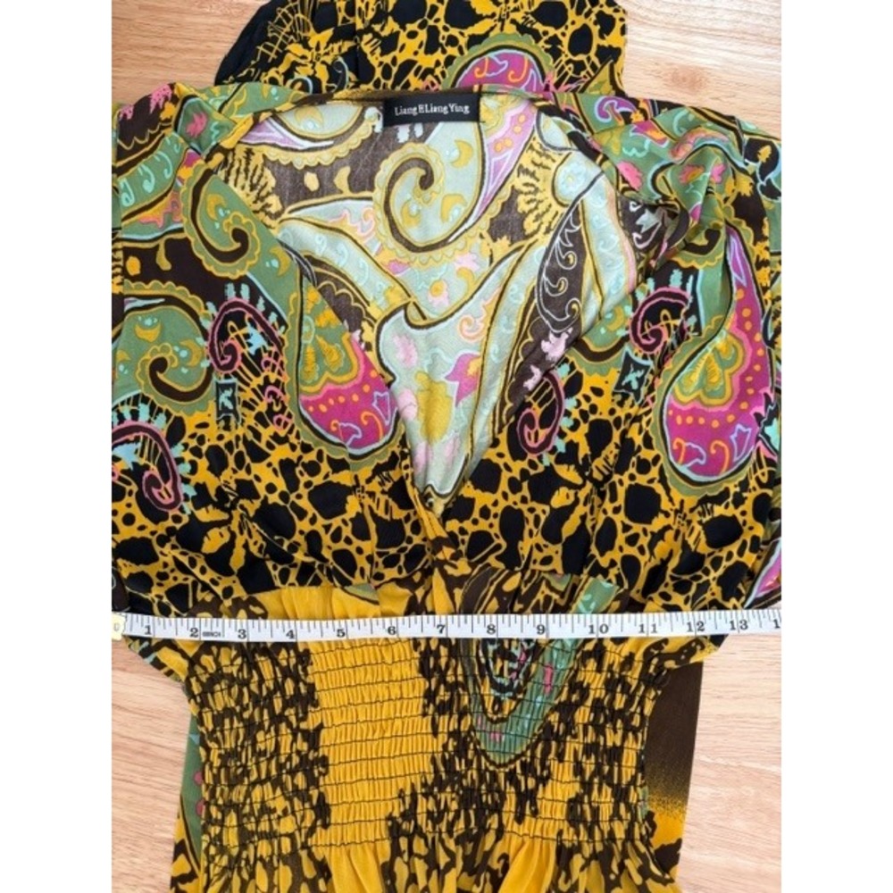 Liang E Liang Ying Yellow Paisley Leopard Print Smocked Waist Boho Maxi Dress - Picture 4 of 4
